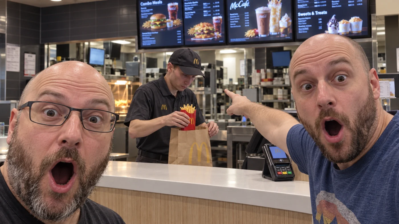 Two excited customers point at Wojak behind the counter