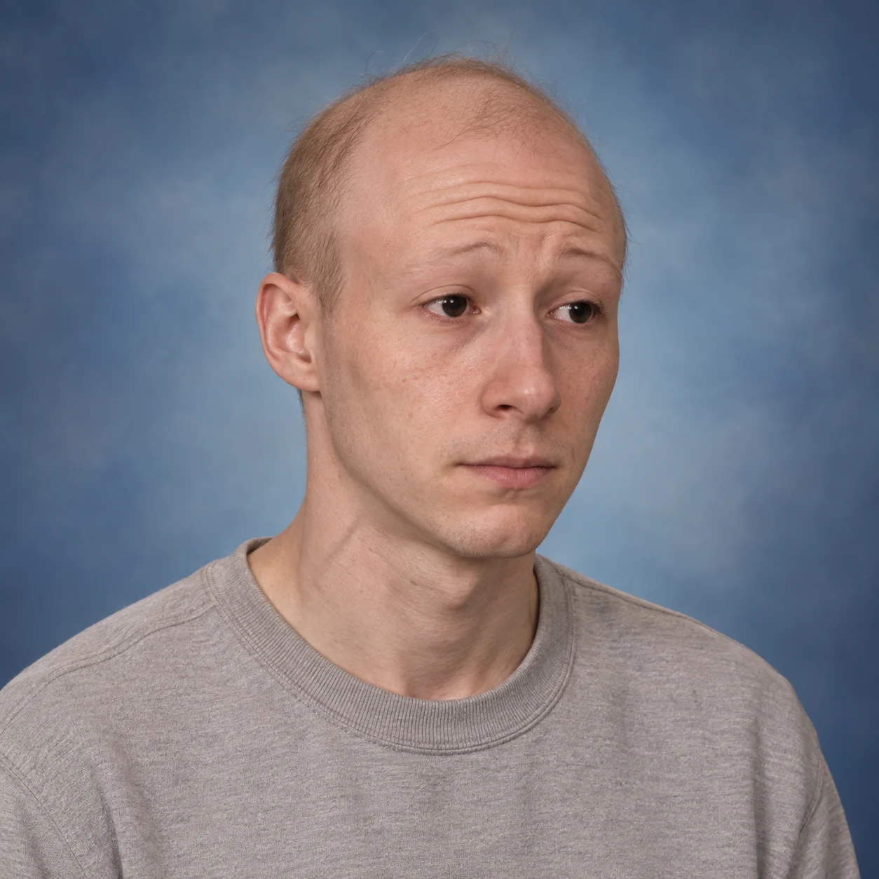 The real-life Wojak, in a gray shirt with his familiar weary expression
