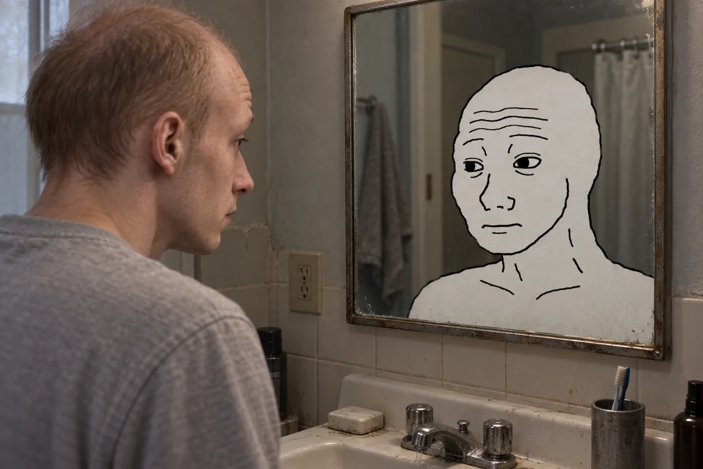 Real-life Wojak looks into a mirror and sees the original drawn Wojak
