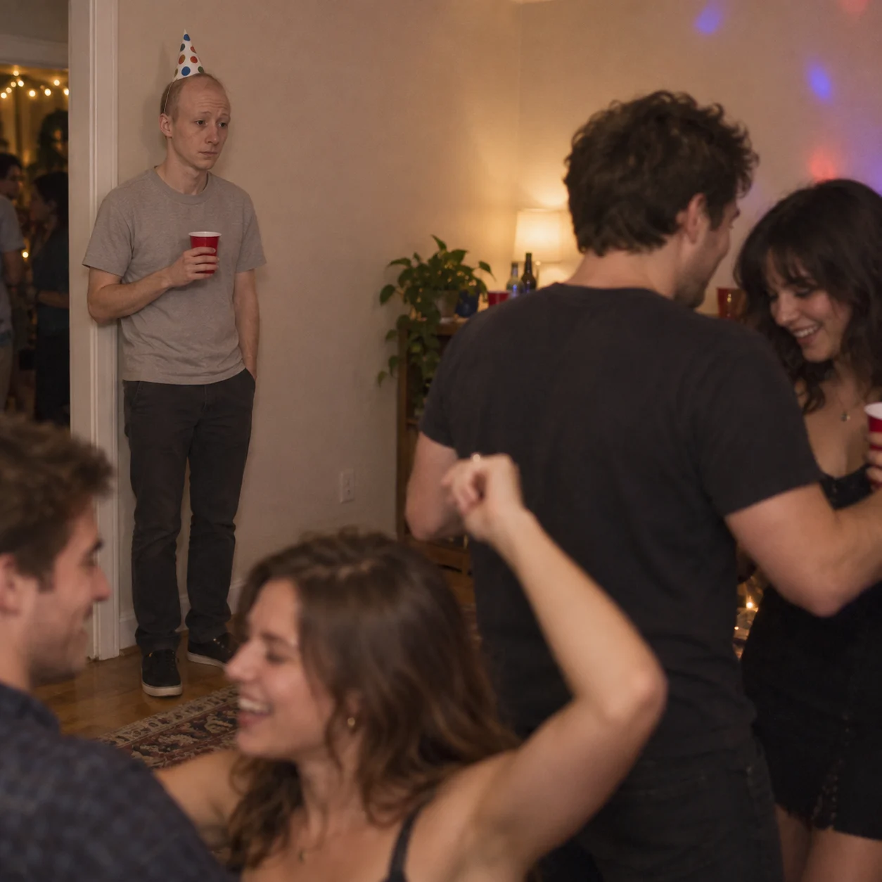 Wojak stands alone with a cup at a party