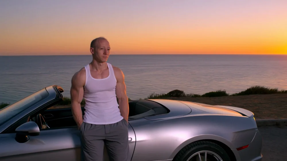 Wojak beside his convertible overlooking the sunset
